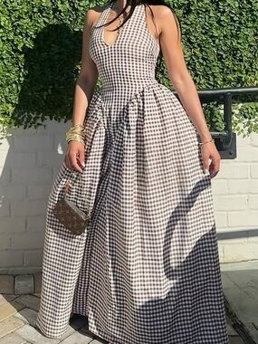 Fashion Nova Black & White Gingham Halter Maxi Dress